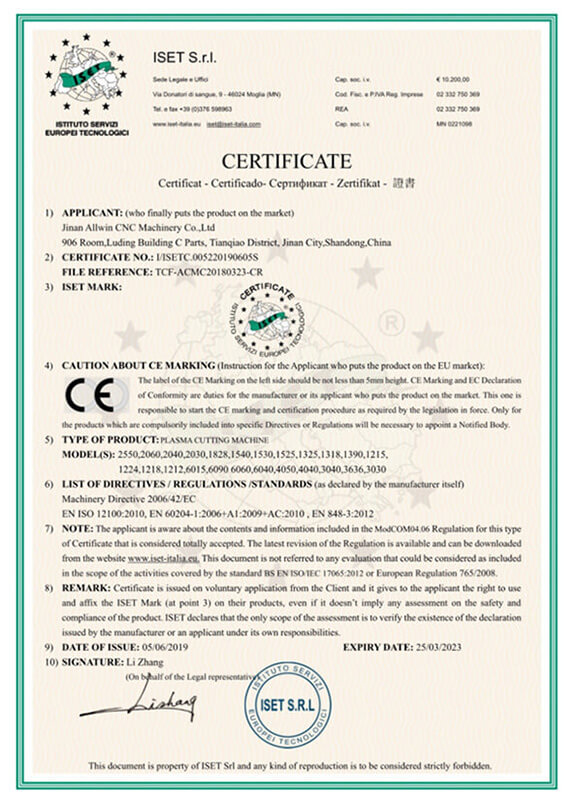 CE Certificate for Plasma Cutter